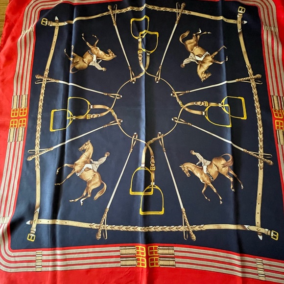 Celine Paris Elegant Navy Blue and Red Equestrian Print silk Scarf.